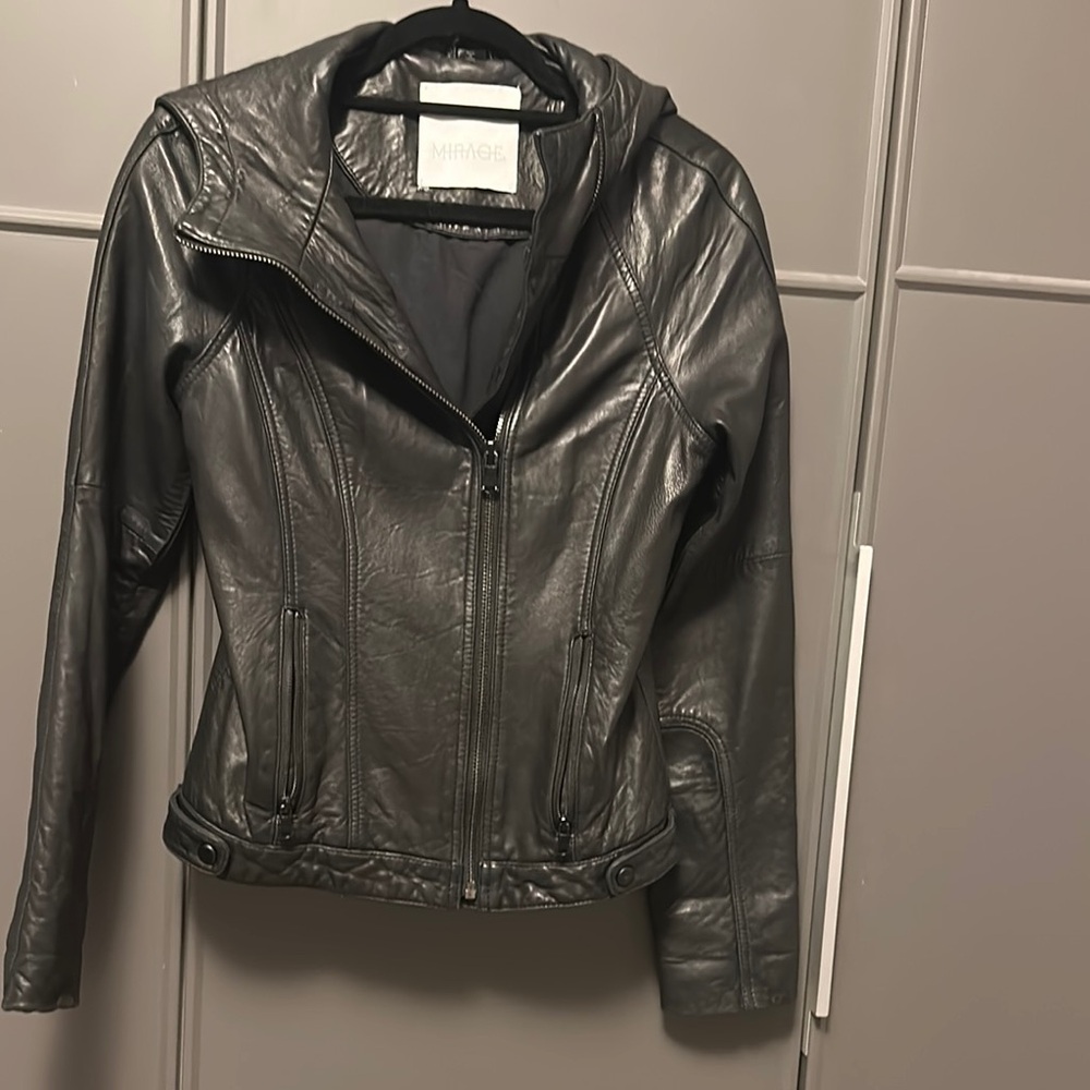 Black Leather Moto Jacket with hoodie